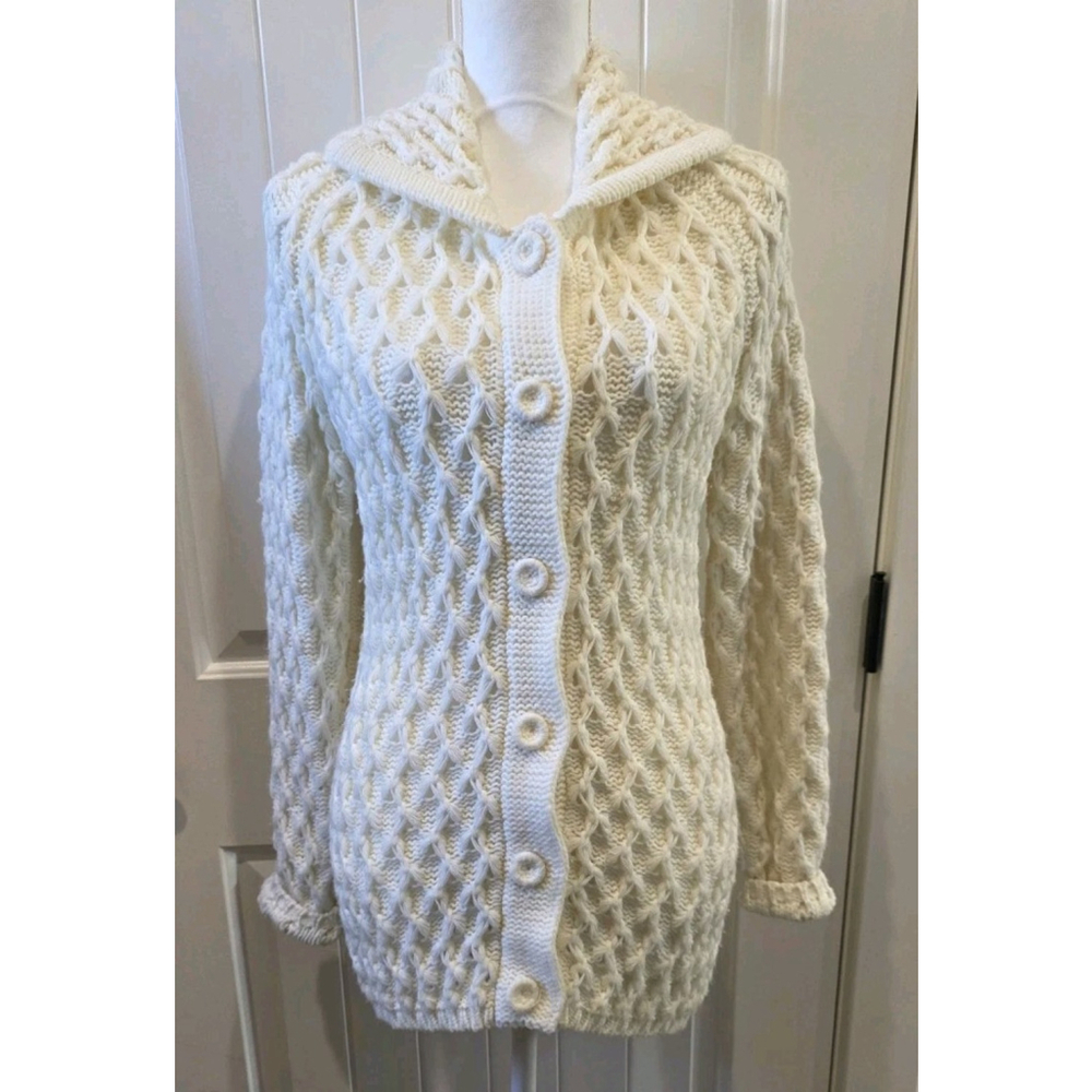 Vintage Cable Knit Cardigan Sweater Size S/M Honeycomb Irish Ireland vtg Buttons